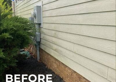 Home exterior siding with visible dirt and discoloration before power washing, showing utility meter and landscaping, labeled “Before Power Washing” with Central Power Wash logo.
