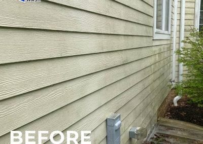 Home exterior siding with visible dirt and mildew buildup before power washing, labeled “Before Power Washing” with Central Power Wash logo.