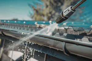 Close-up of power washing gutters and roof.