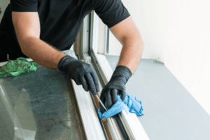 Person cleaning window frame.